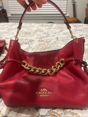 Coach Red Pebbled Leather Shoulder Bag with Gold Chain Accent